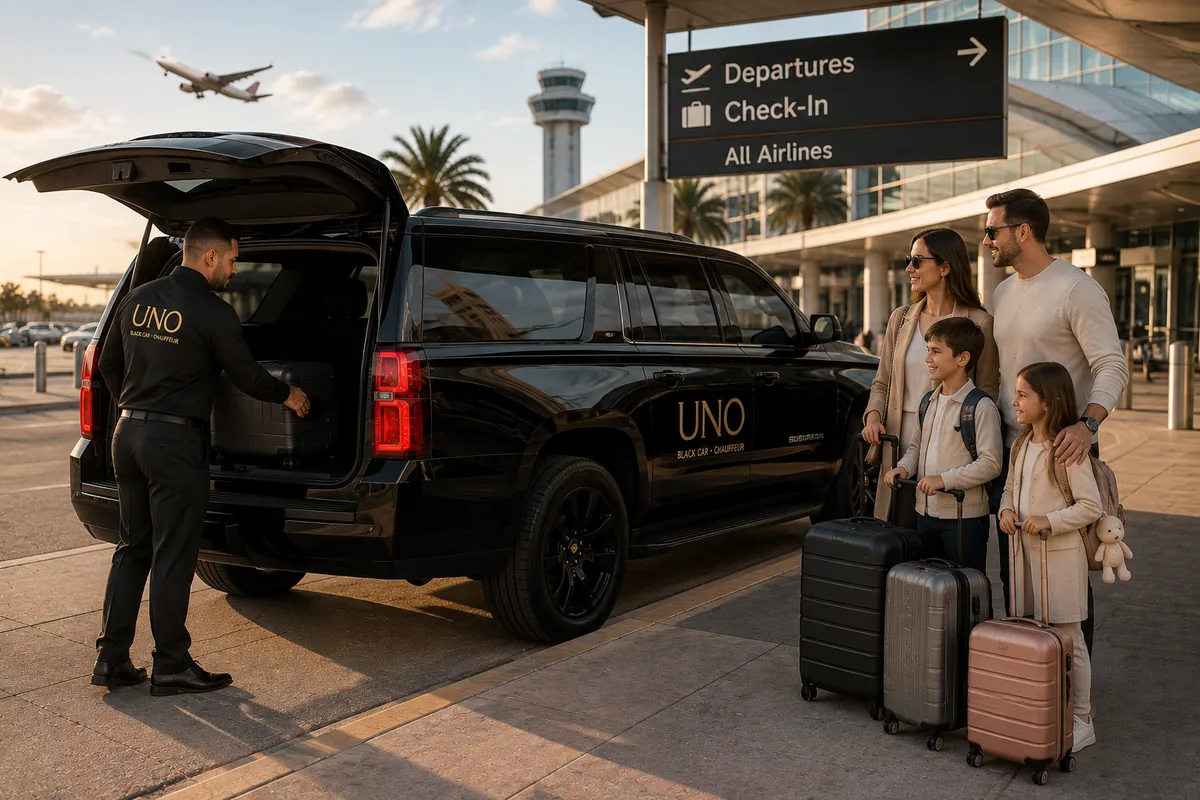 Chauffeur loading luggage into a black Suburban as a family arrives at the airport departures curb