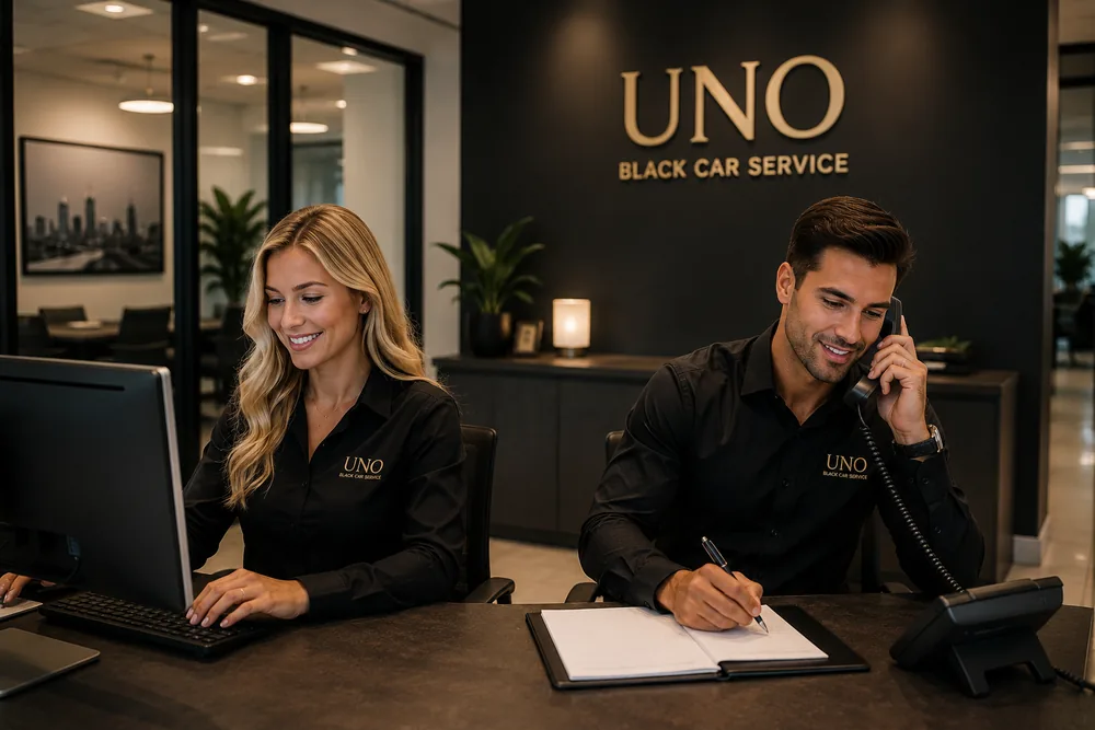 Two UNO reservations staff at a desk, one on the phone and one at a computer
